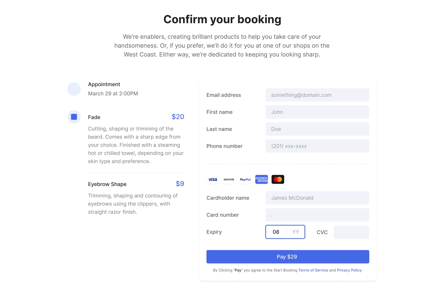 Online booking payment details